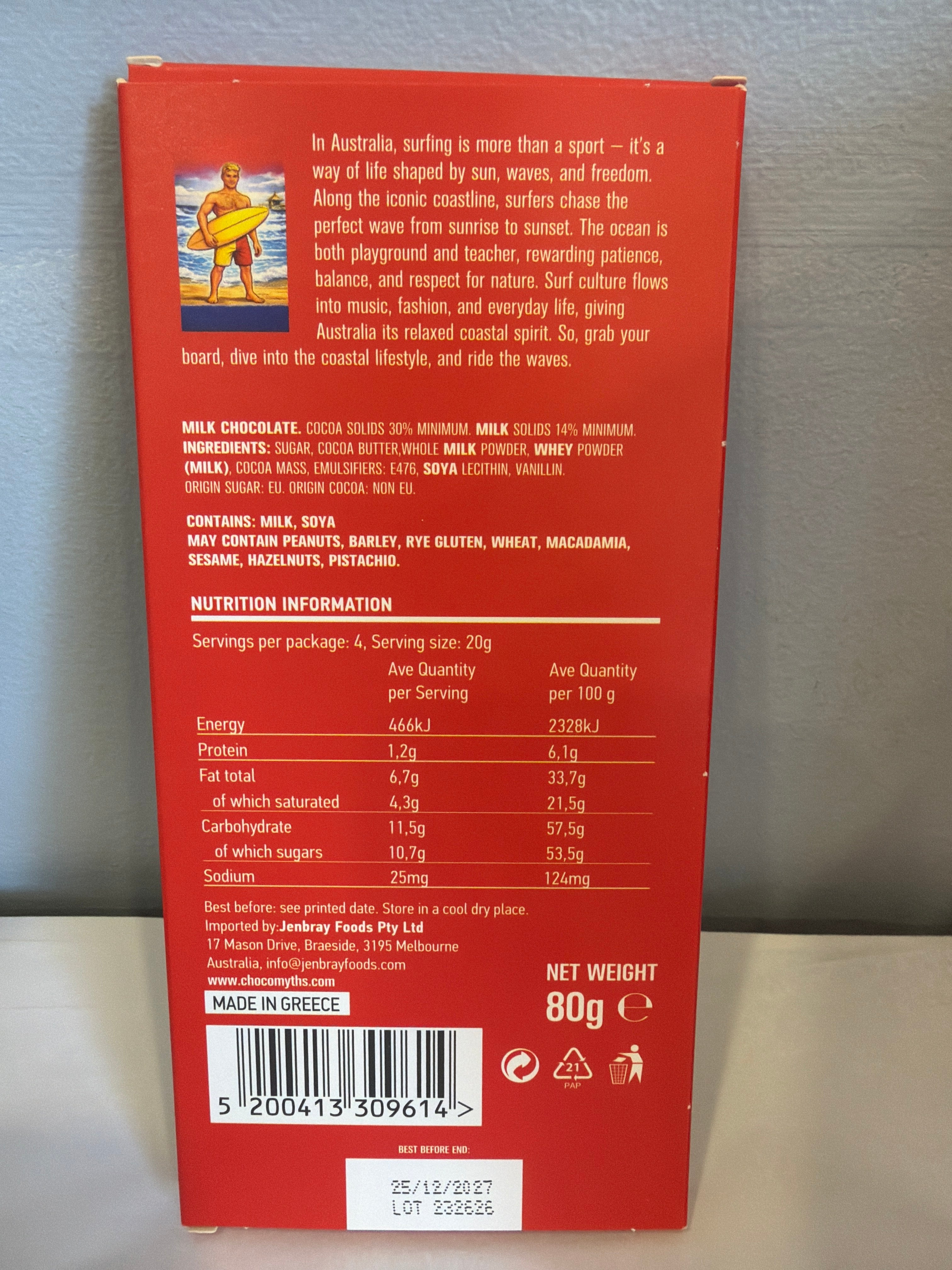 Choco Myths Aussie Legends Milk Chocolate Block - The Surfie 80g