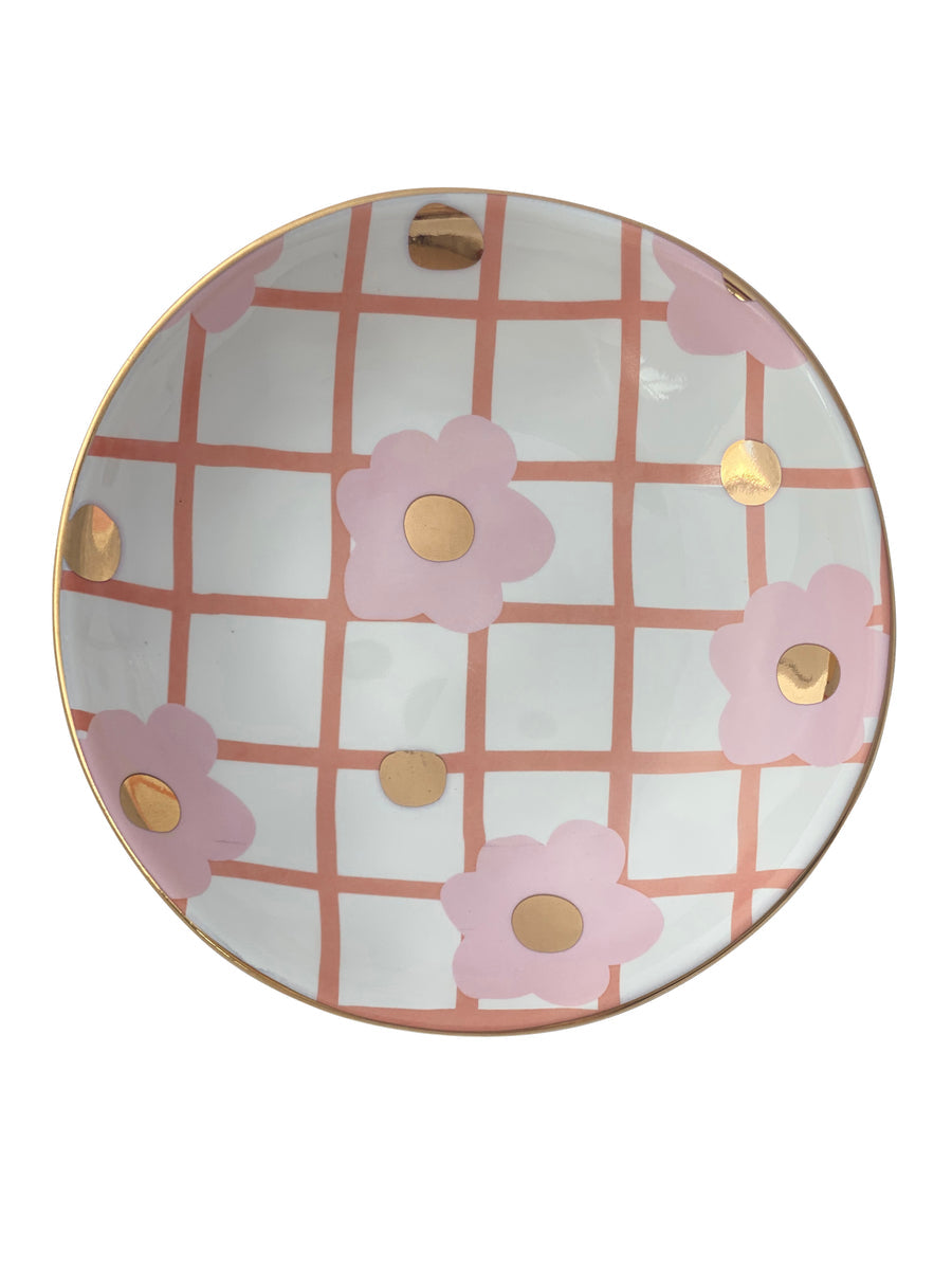 Pink Tartan & Bloom Trinket Bowl by Carla Dinnage