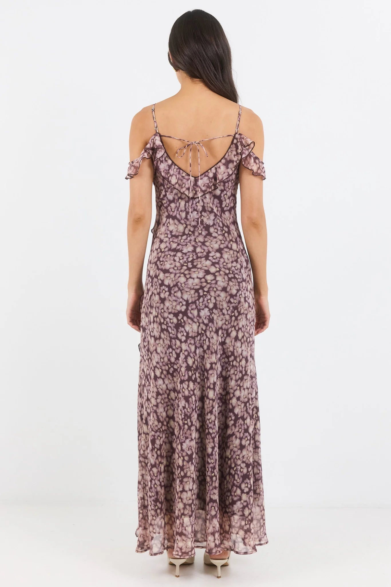 Belfast Blush Plum Floral Georgette Bias Ruffle Slip Maxi Dress