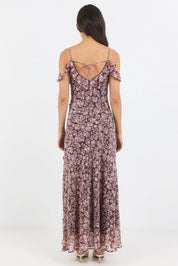 Belfast Blush Plum Floral Georgette Bias Ruffle Slip Maxi Dress