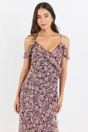 Belfast Blush Plum Floral Georgette Bias Ruffle Slip Maxi Dress