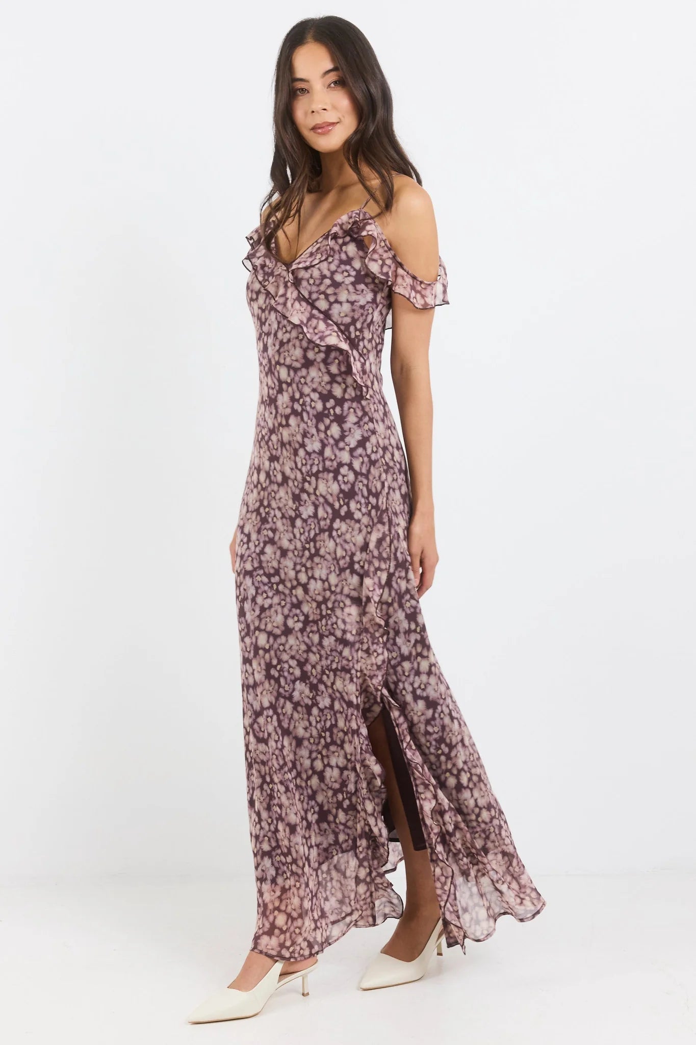 Belfast Blush Plum Floral Georgette Bias Ruffle Slip Maxi Dress