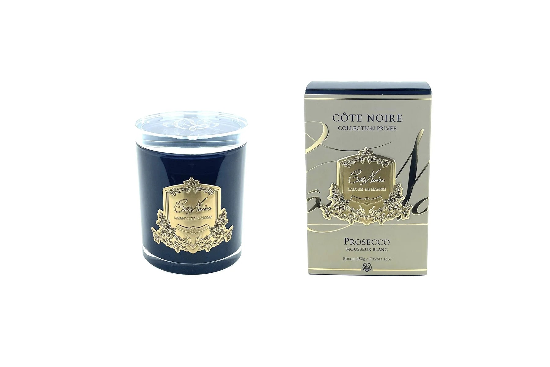 Cote Noire Candles Dark Vessel with Gold Badge - Prosecco 450g