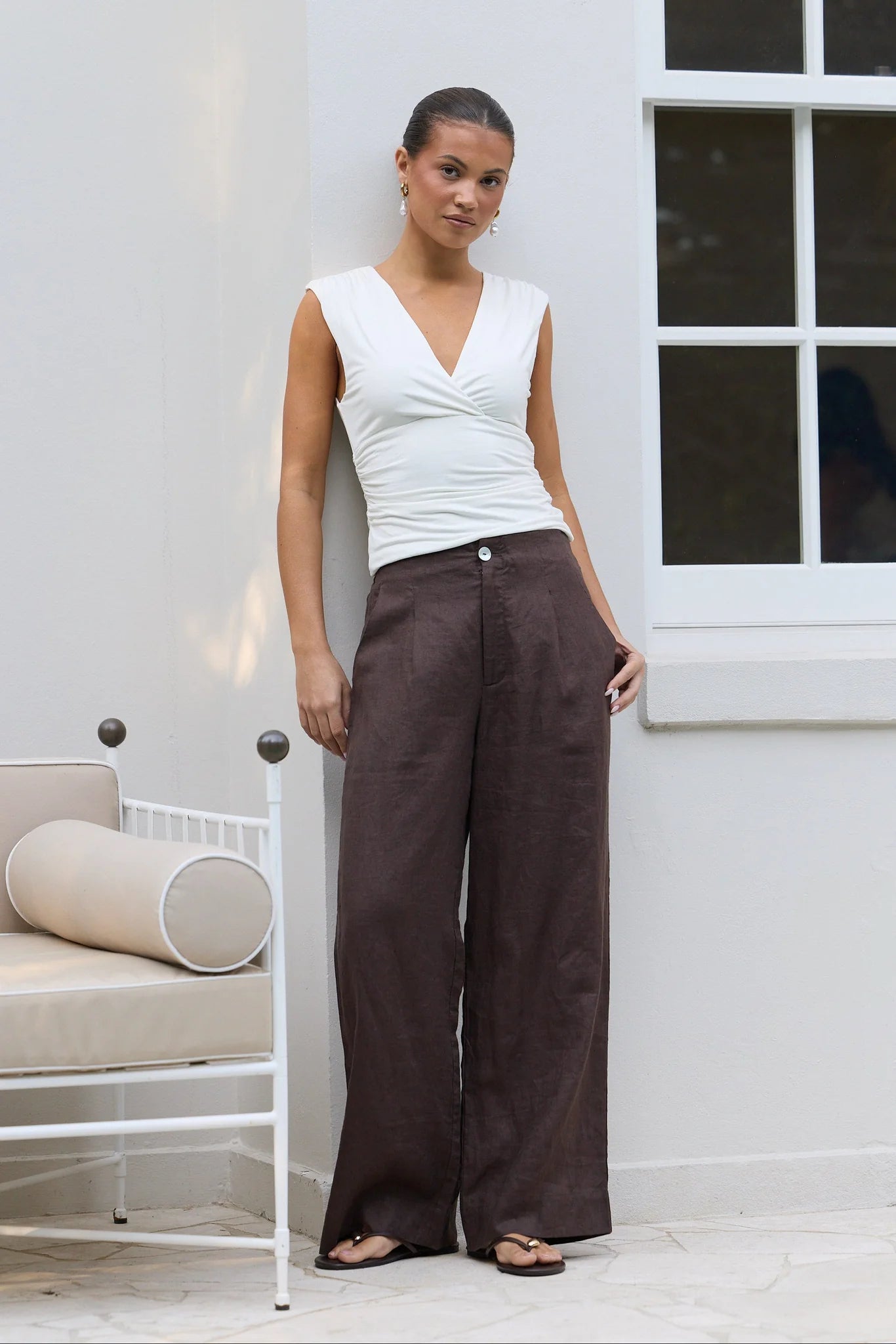 Curator Dark Chocolate Linen Pleat Front Wide Leg Pants