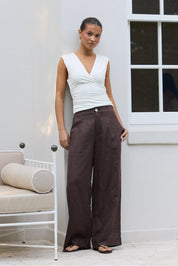 Curator Dark Chocolate Linen Pleat Front Wide Leg Pants