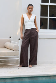 Curator Dark Chocolate Linen Pleat Front Wide Leg Pants