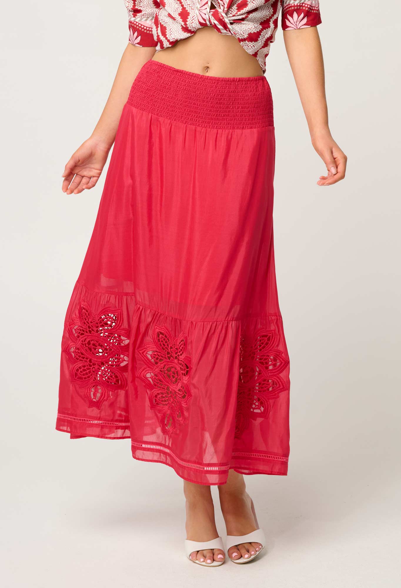 Once Was Cordelia Shirred Waist Silk Cotton Skirt in Ruby