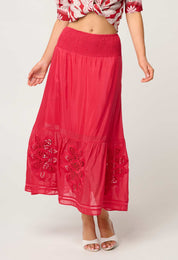Once Was Cordelia Shirred Waist Silk Cotton Skirt in Ruby