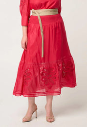 Once Was Cordelia Shirred Waist Silk Cotton Skirt in Ruby