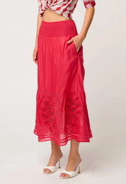 Once Was Cordelia Shirred Waist Silk Cotton Skirt in Ruby
