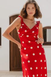 Delightful Cherry Polka Dot Satin Bias Slip Maxi Dress