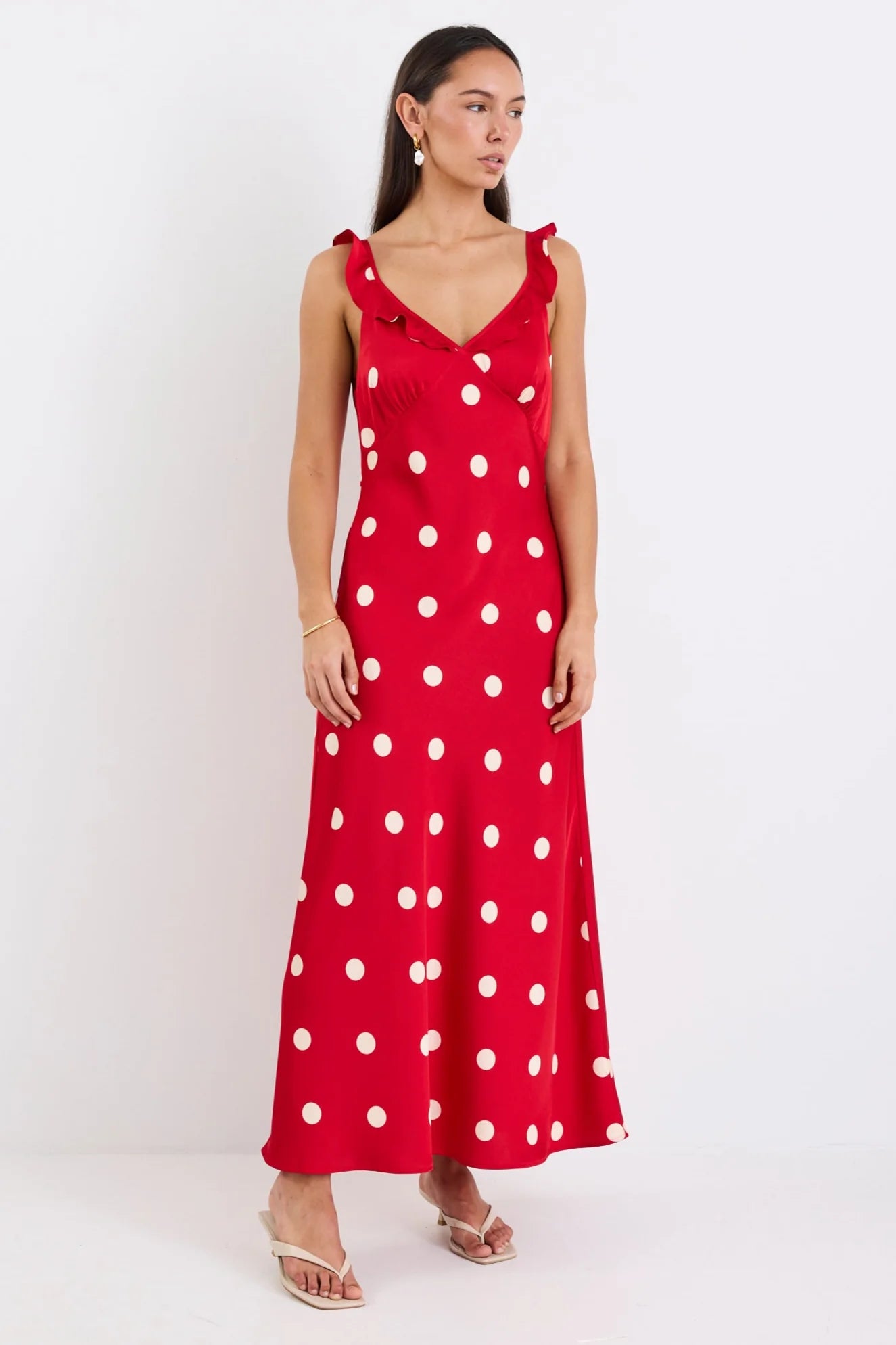 Delightful Cherry Polka Dot Satin Bias Slip Maxi Dress