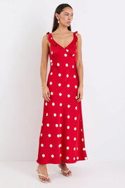 Delightful Cherry Polka Dot Satin Bias Slip Maxi Dress