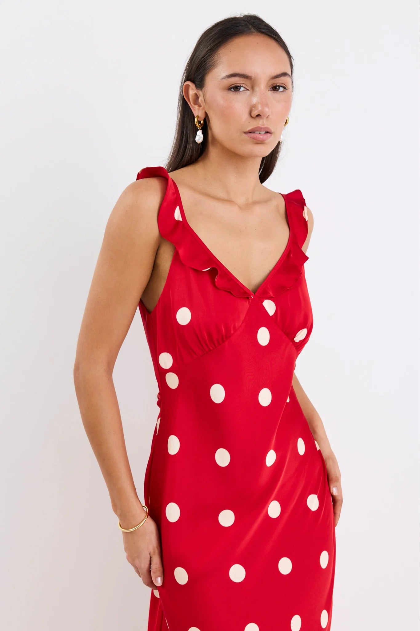 Delightful Cherry Polka Dot Satin Bias Slip Maxi Dress