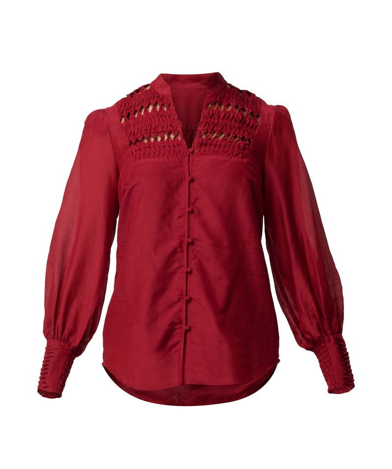 Once Was Gillian Cotton Silk Smocked Shirt in Ruby
