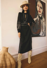 Once Was Edith Linen Viscose Embroidered Midi Dress in Black