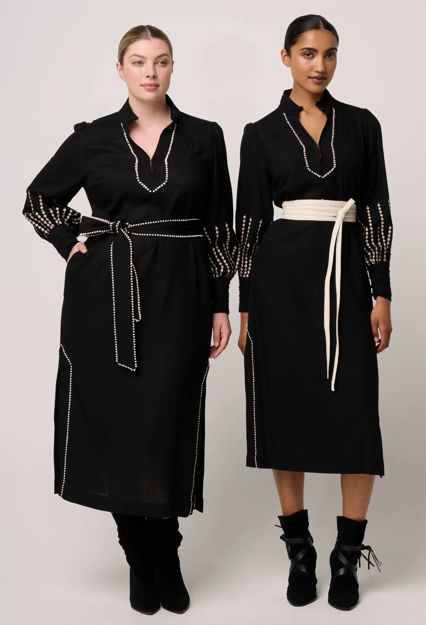 Once Was Edith Linen Viscose Embroidered Midi Dress in Black
