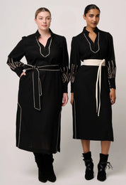 Once Was Edith Linen Viscose Embroidered Midi Dress in Black