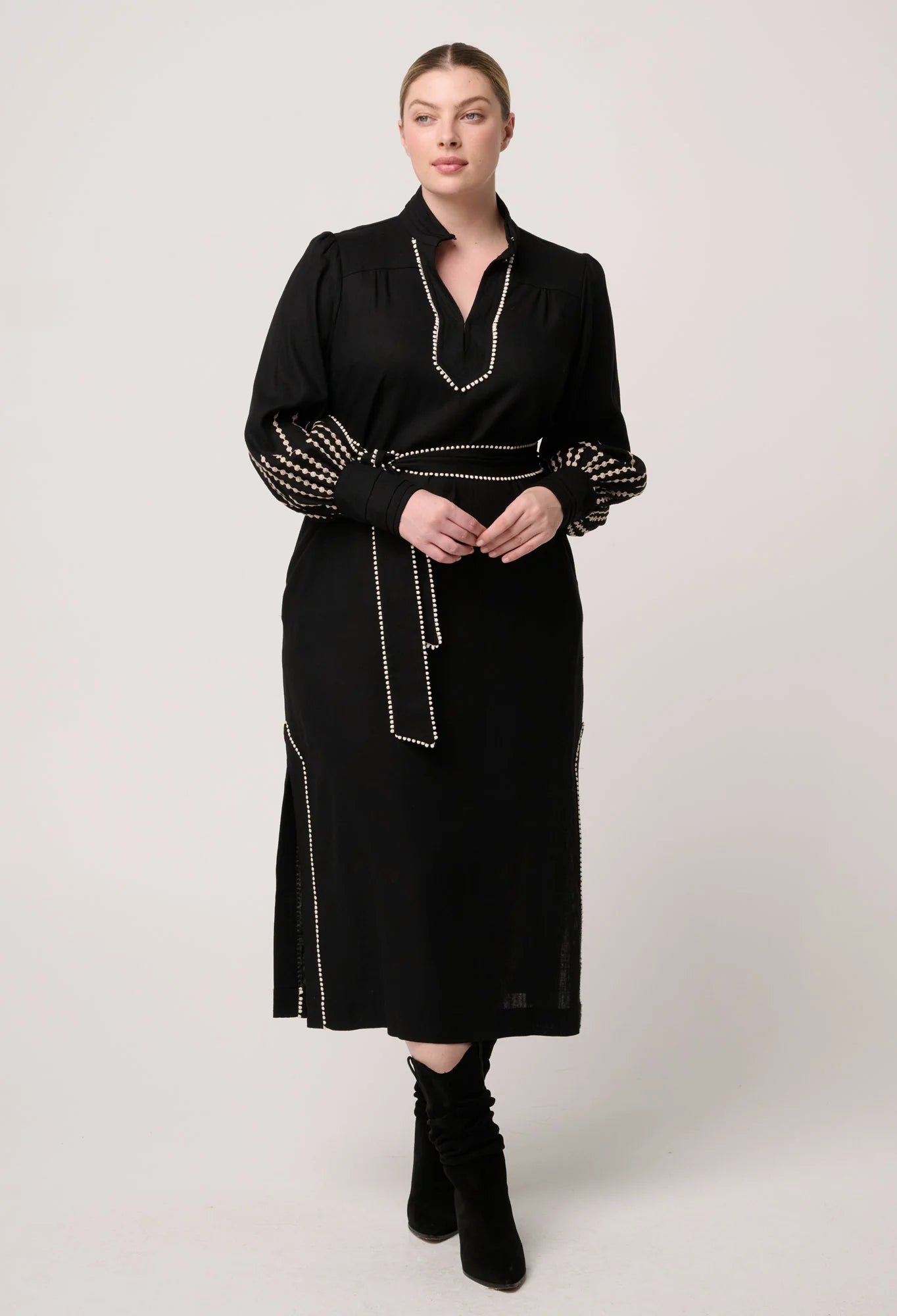 Once Was Edith Linen Viscose Embroidered Midi Dress in Black