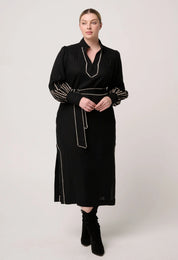 Once Was Edith Linen Viscose Embroidered Midi Dress in Black