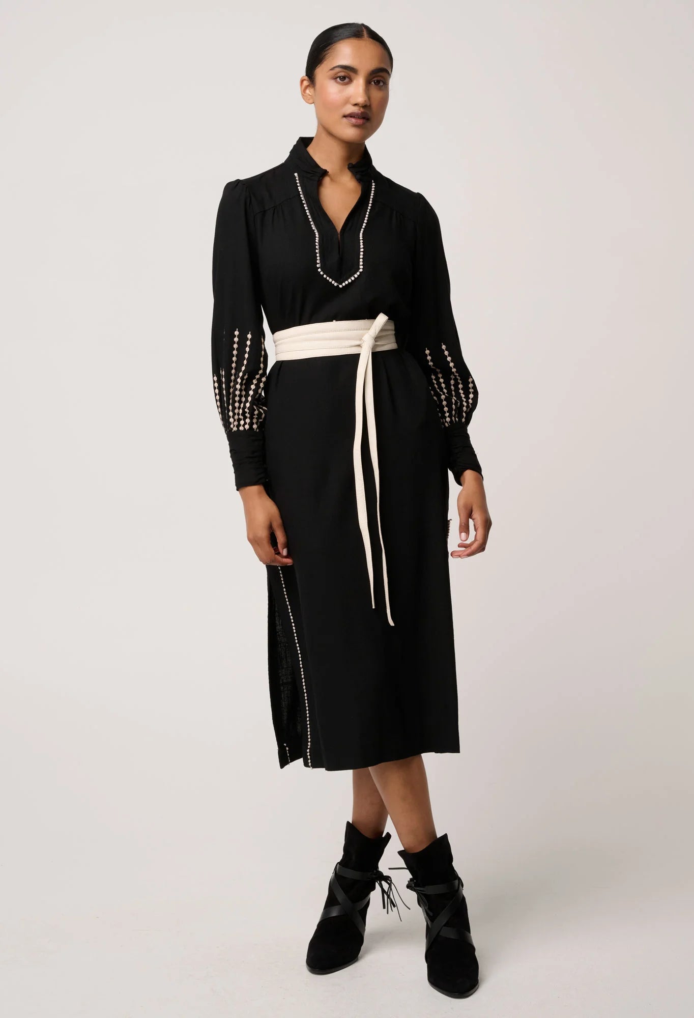 Once Was Edith Linen Viscose Embroidered Midi Dress in Black