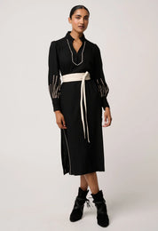 Once Was Edith Linen Viscose Embroidered Midi Dress in Black