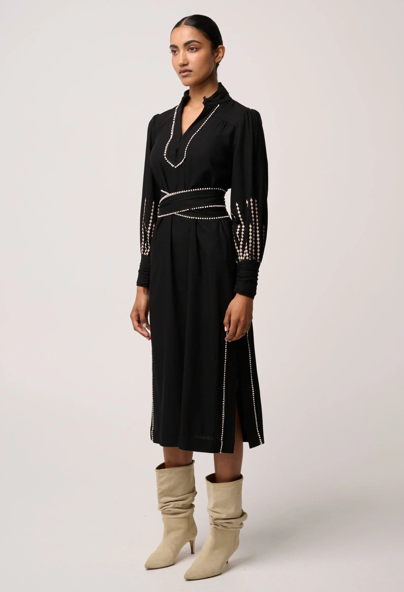 Once Was Edith Linen Viscose Embroidered Midi Dress in Black