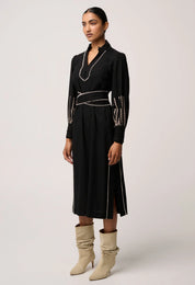 Once Was Edith Linen Viscose Embroidered Midi Dress in Black