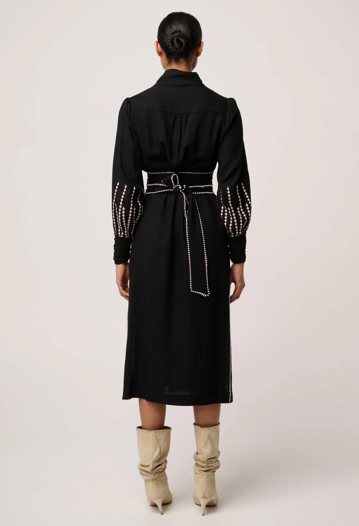 Once Was Edith Linen Viscose Embroidered Midi Dress in Black