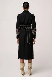 Once Was Edith Linen Viscose Embroidered Midi Dress in Black