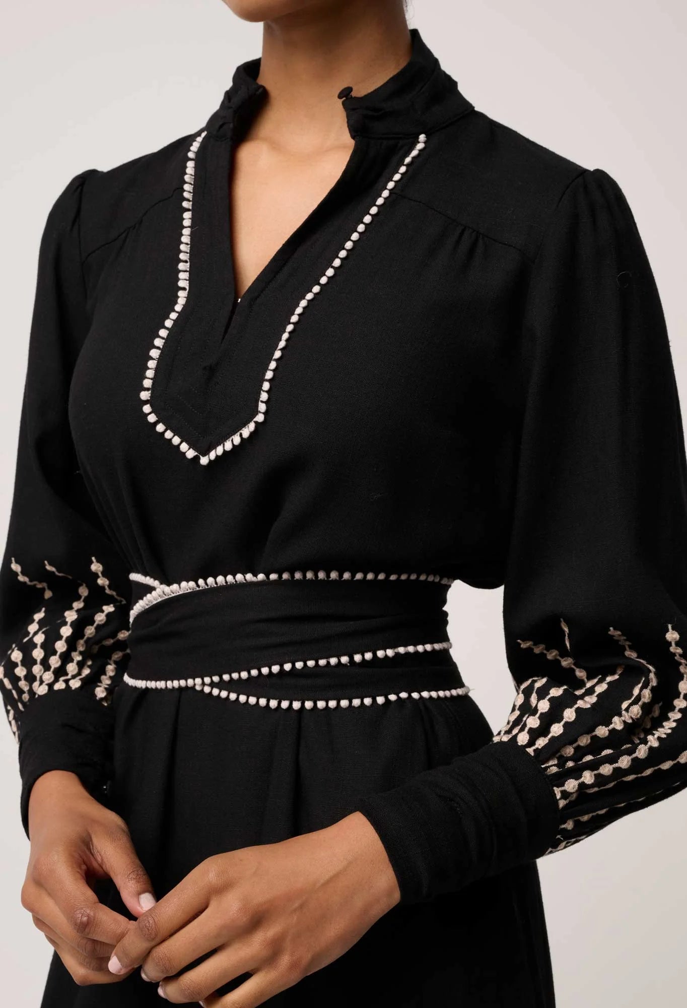 Once Was Edith Linen Viscose Embroidered Midi Dress in Black