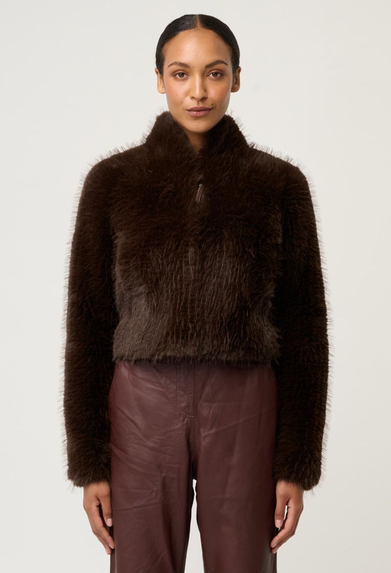 Once Was Dawn Faux Fur Cropped Jacket Walnut
