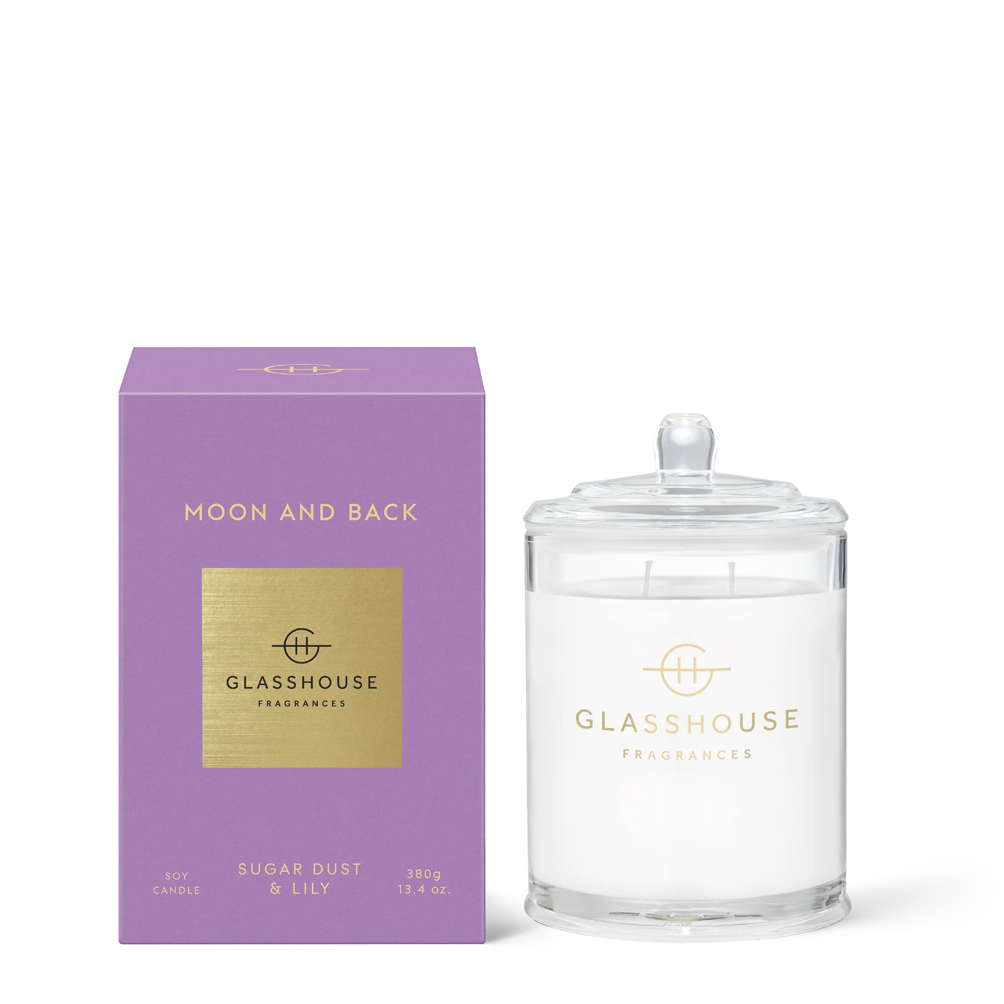 Glasshouse Fragrances Moon and Back Candle 380g in white glass jar