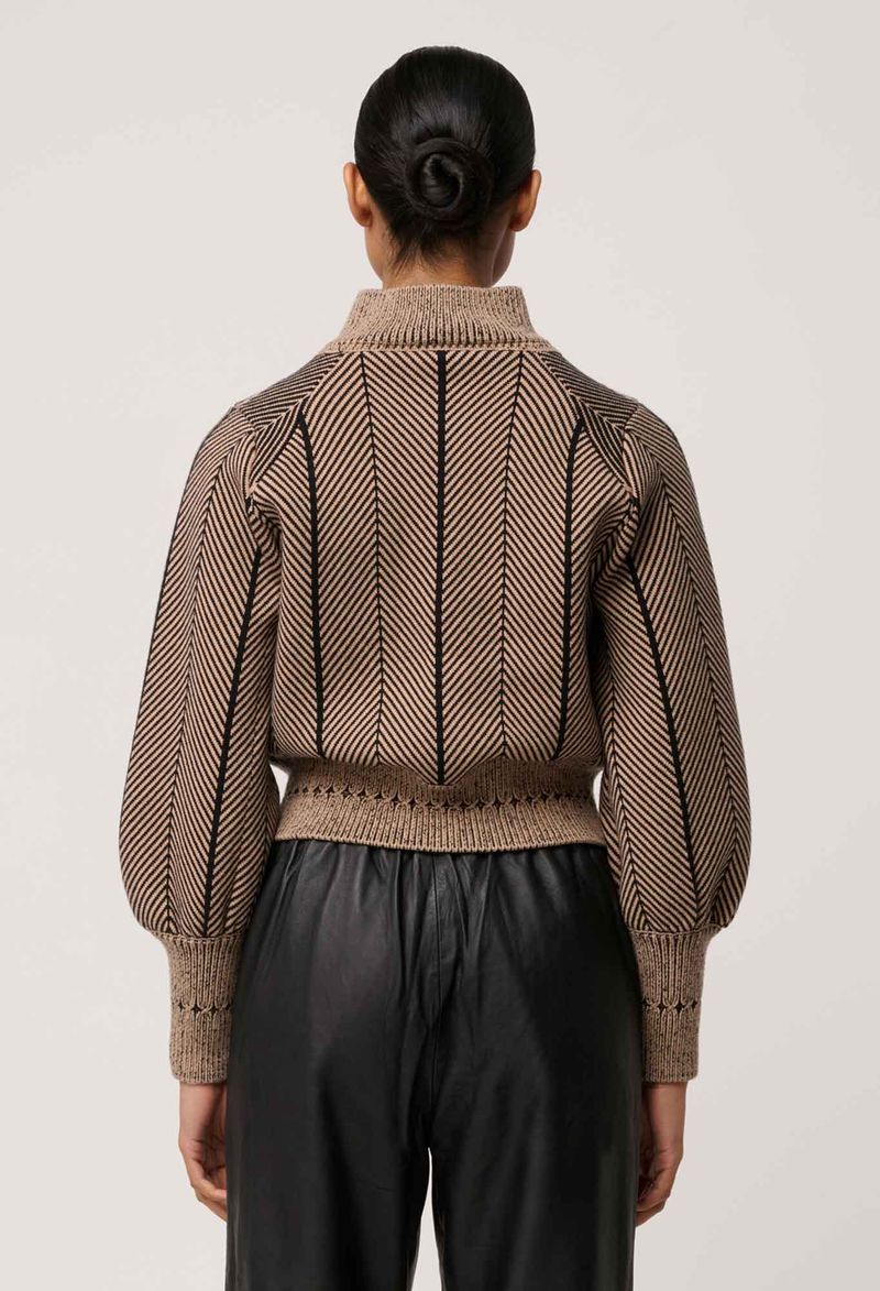 Jeanne Wool Blend Textured Knit Bomber Jacket in Tan Chevron