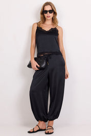 Fluidity Black Satin Balloon Pull On Pants – front