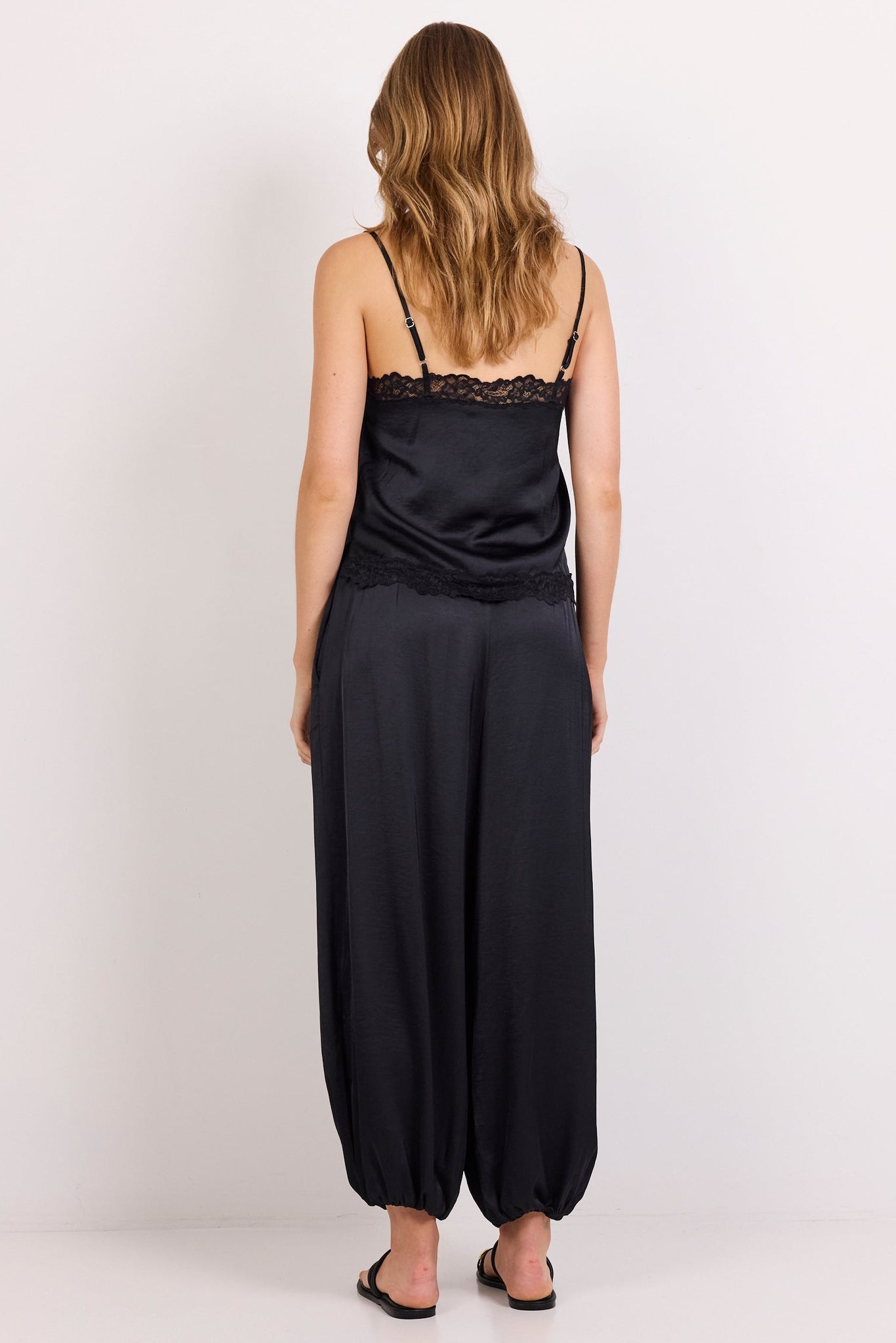 Fluidity Black Satin Balloon Pull On Pants – detail