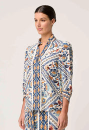 ONCE WAS Alexis linen viscose contrast trim fringe shirt