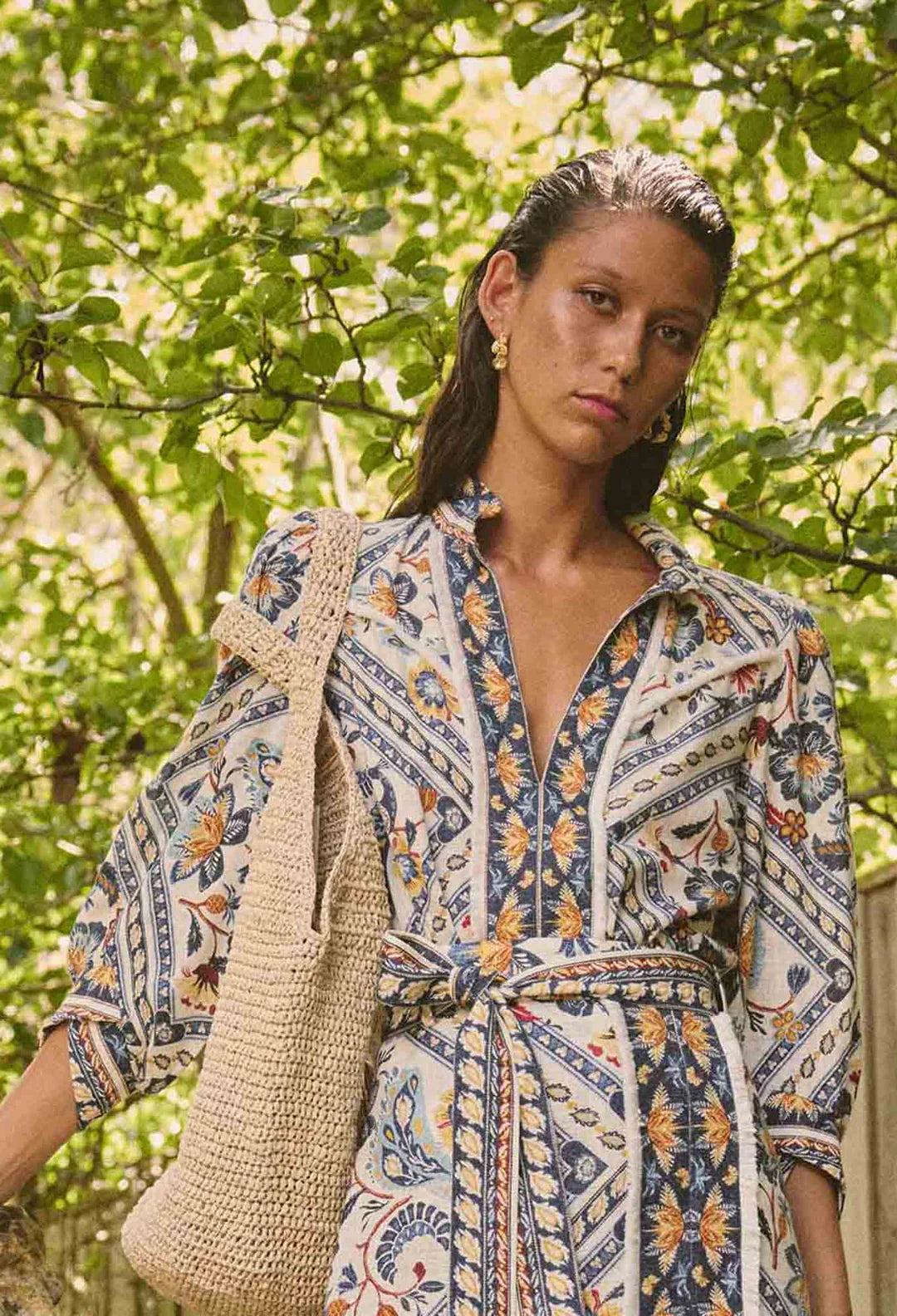 ONCE WAS Alexis linen viscose contrast trim fringe shirt