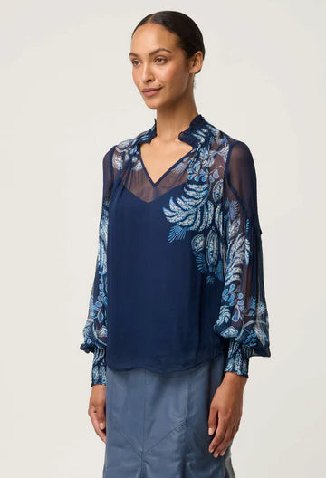 Once Was Colette Viscose Chiffon Print Shirred Collar Blouse