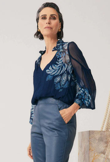 Once Was Colette Viscose Chiffon Print Shirred Collar Blouse