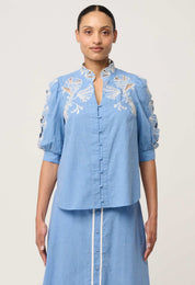 Claudia Cotton Embroidered Top in Blue Chambray