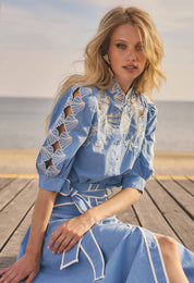 Claudia Cotton Embroidered Top in Blue Chambray