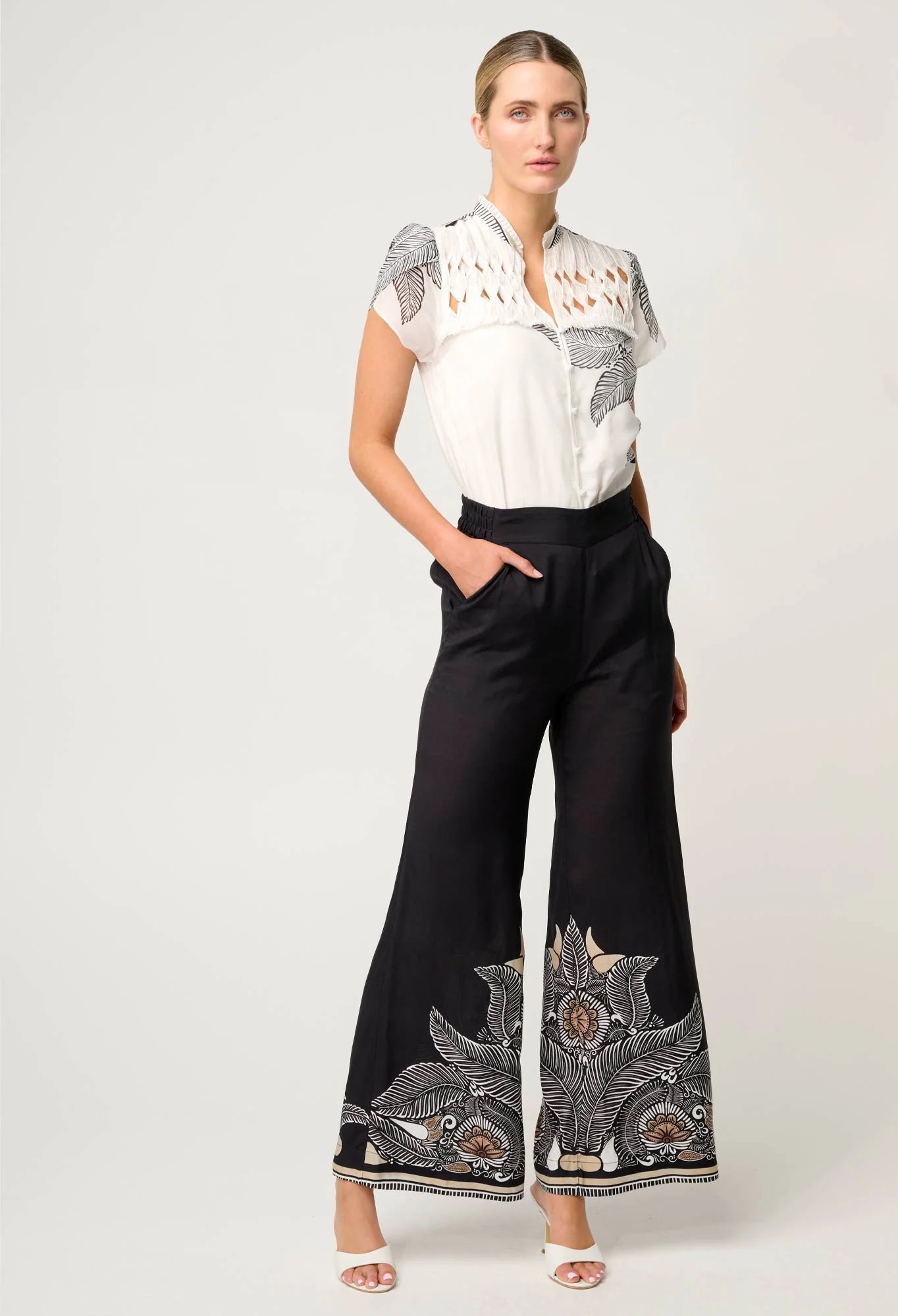 Once Was Willow Viscose Faille Contrast Panel Pant in Onyx Casablanca