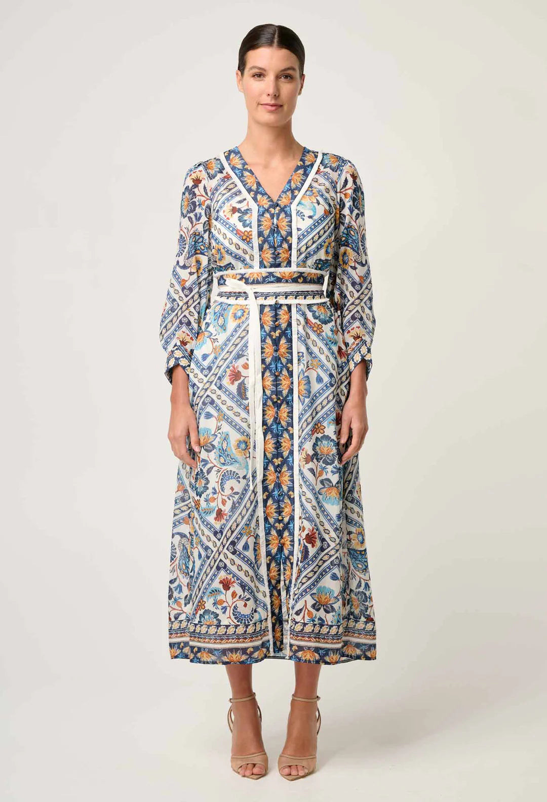 ONCE WAS Alexis contrast trim silk cotton midi dress