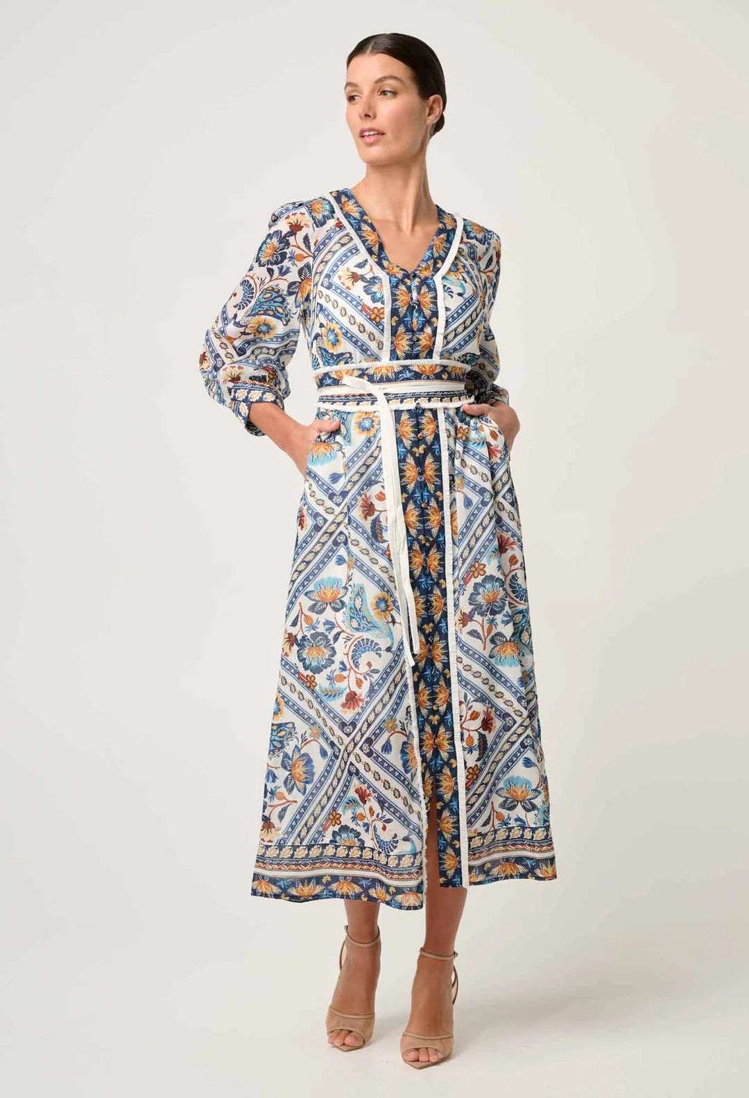 ONCE WAS Alexis contrast trim silk cotton midi dress