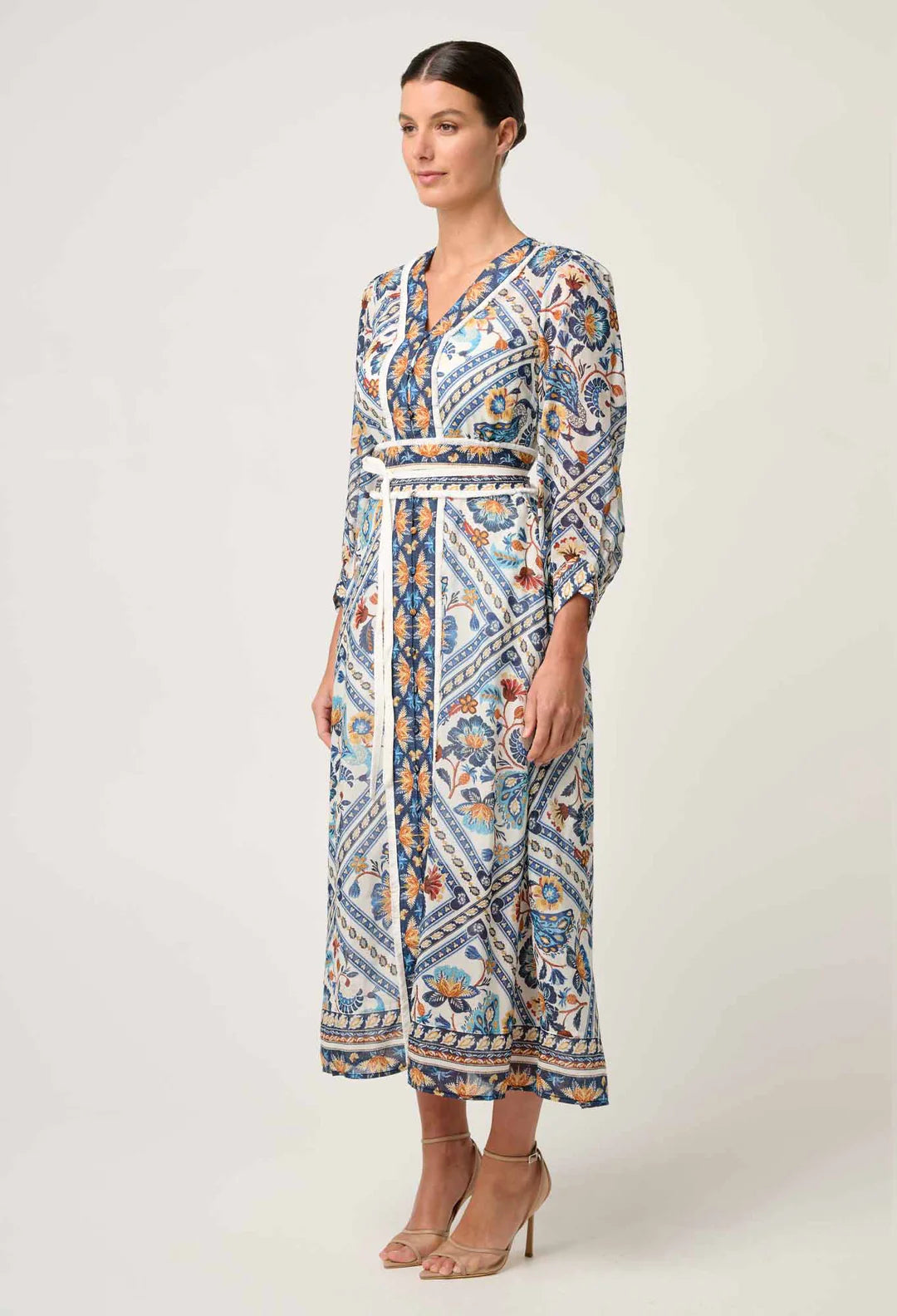 ONCE WAS Alexis contrast trim silk cotton midi dress