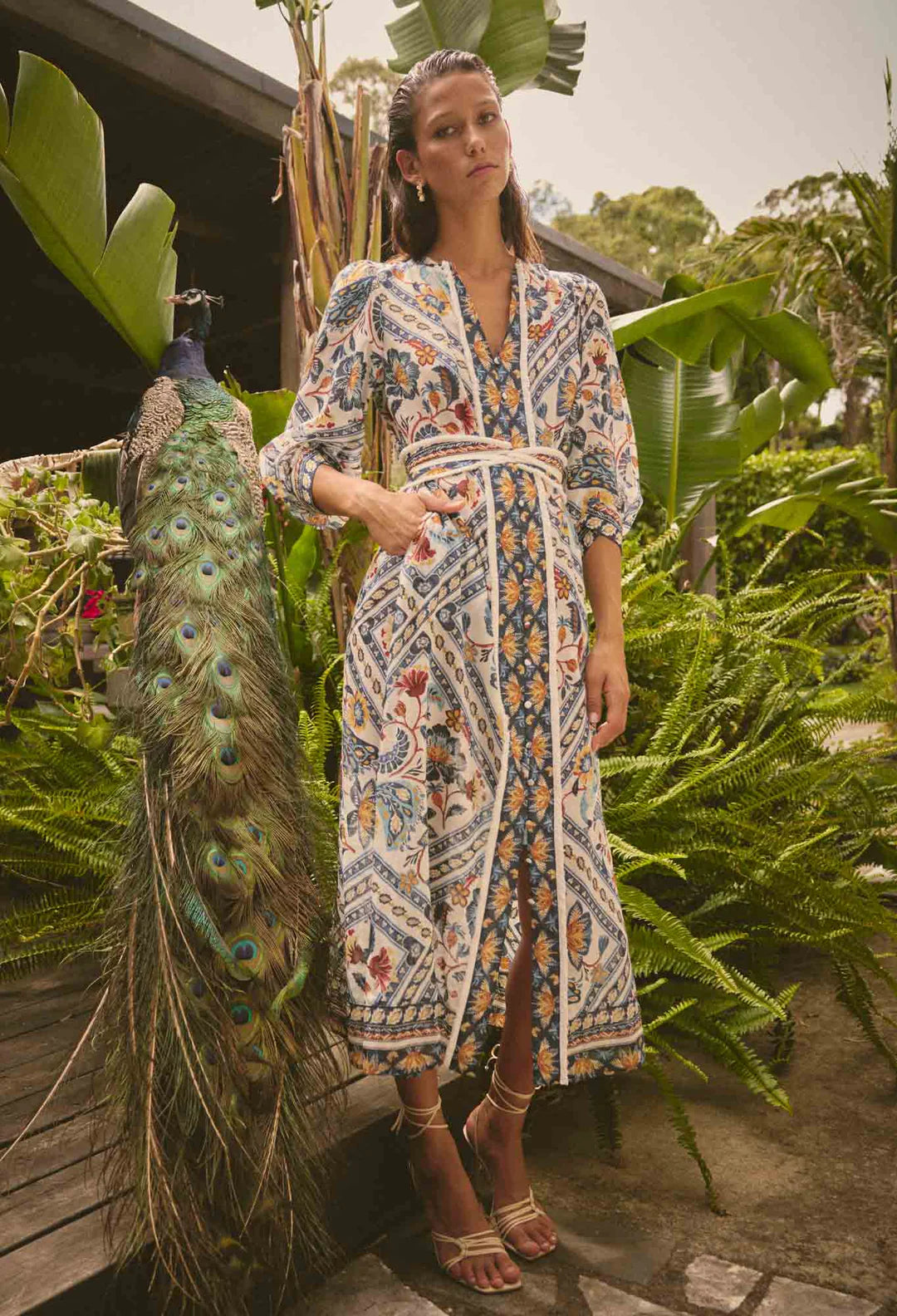 ONCE WAS Alexis contrast trim silk cotton midi dress