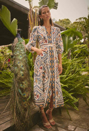 ONCE WAS Alexis contrast trim silk cotton midi dress