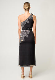 Once Was Amira One Shoulder Viscose Faille Dress in Onyx Casablanca