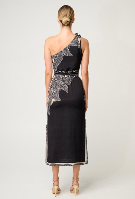 Once Was Amira One Shoulder Viscose Faille Dress in Onyx Casablanca